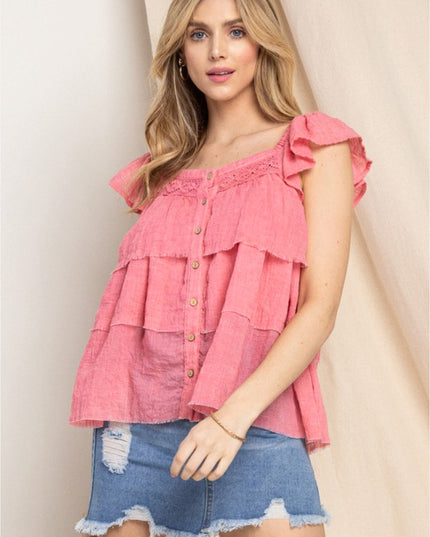 ODDI Full Size Buttoned Ruffled Top