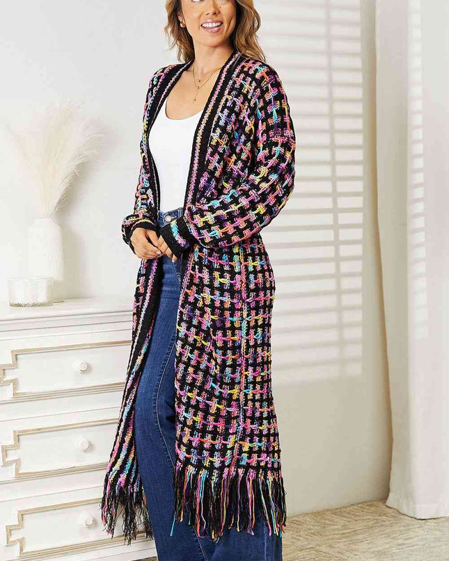 Double Take Full Size Multicolored Open Front Fringe Hem Cardigan