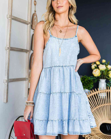 Spaghetti Strap Tiered Denim Dress