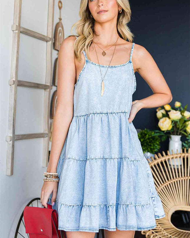 Spaghetti Strap Tiered Denim Dress