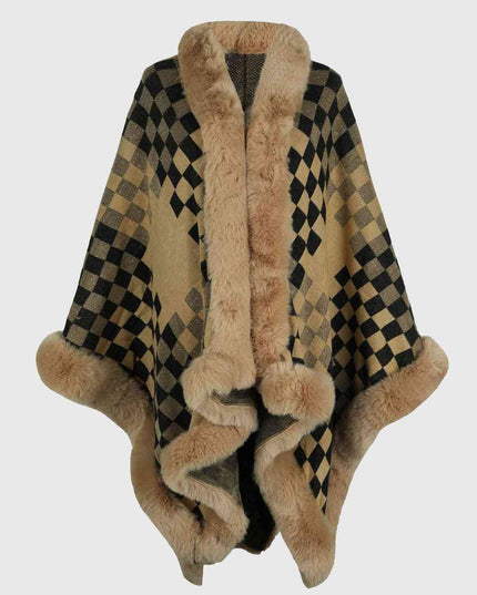 Checkered Faux Fur Trim Poncho