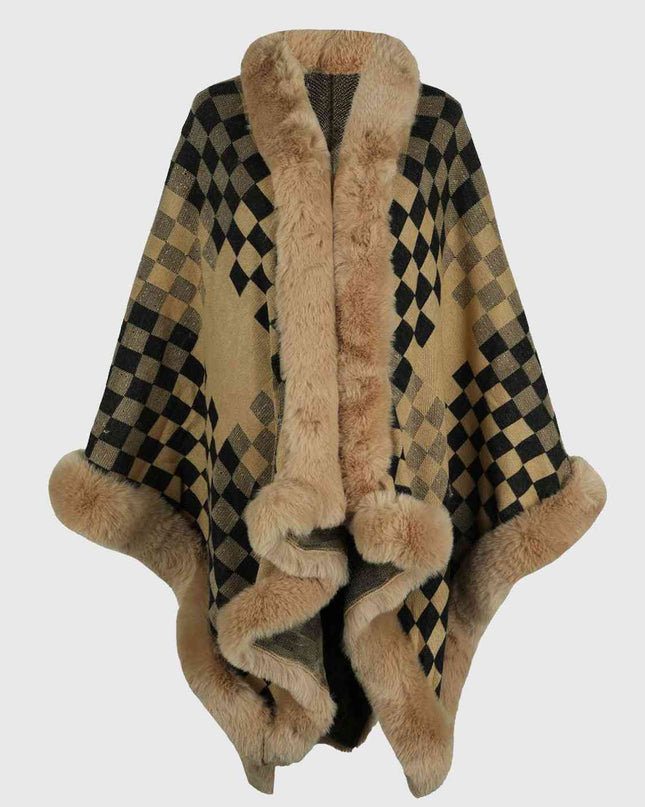 Checkered Faux Fur Trim Poncho