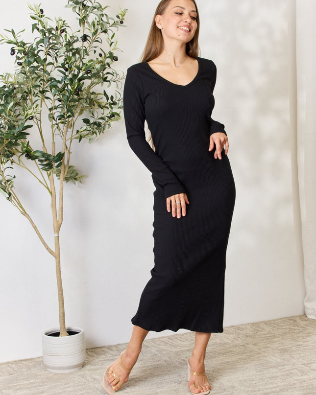 Culture Code Full Size Ribbed Long Sleeve Midi Slit Dress