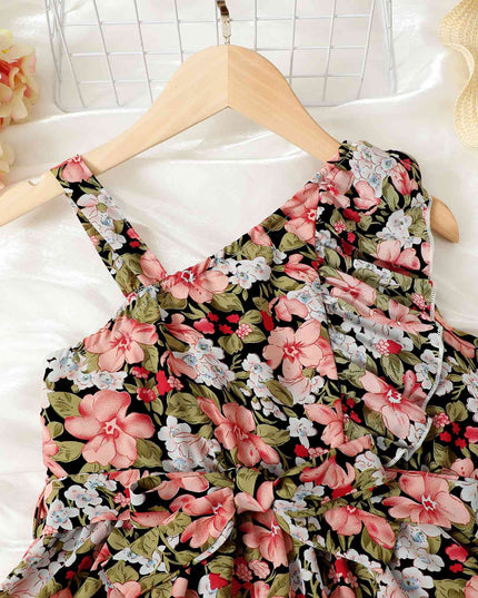Floral Asymmetrical Neck Ruffled Dress