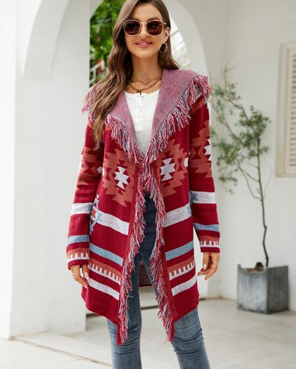 Fringe Geometric Hooded Long Sleeve Cardigan