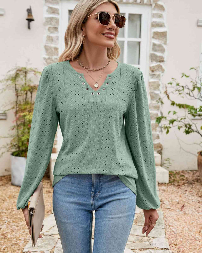 Eyelet Notched Neck Balloon Sleeve Blouse