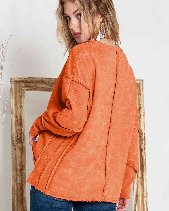 Full Size Exposed Seams Round Neck Dropped Shoulder Sweatshirt