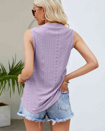 Notched Neck Curved Hem Eyelet Tank