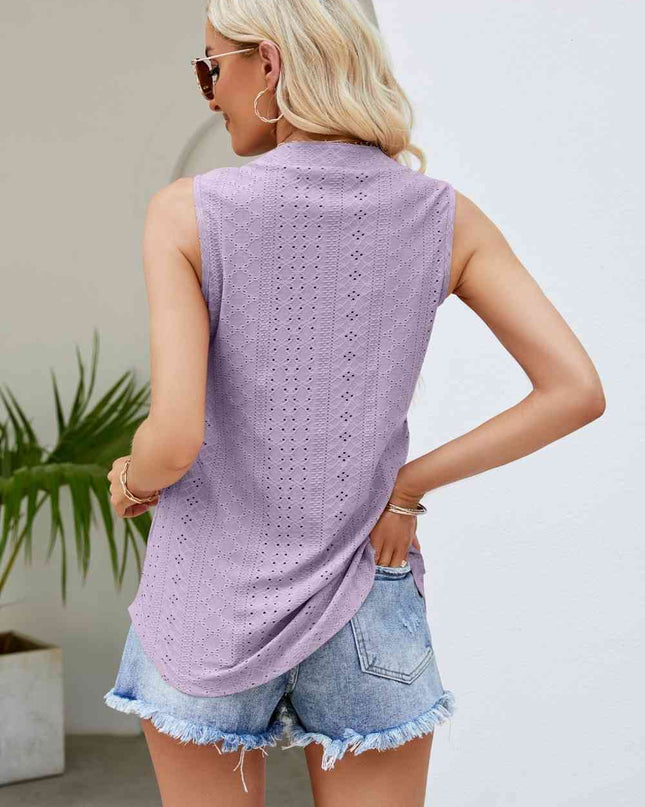Notched Neck Curved Hem Eyelet Tank