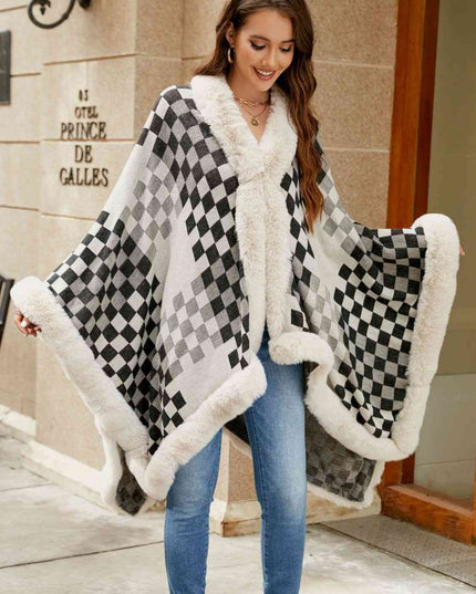 Checkered Faux Fur Trim Poncho