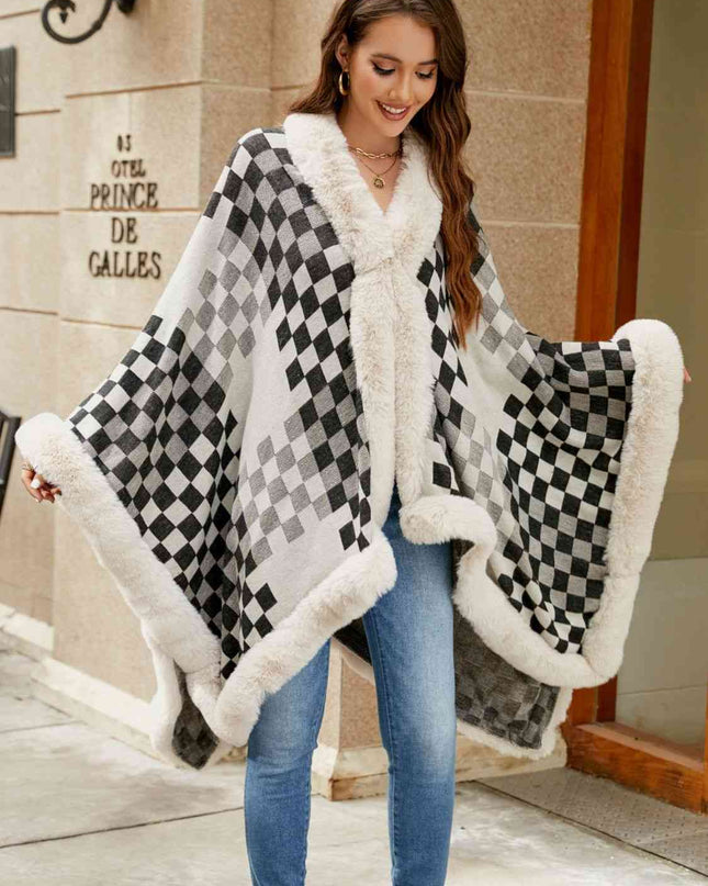 Checkered Faux Fur Trim Poncho