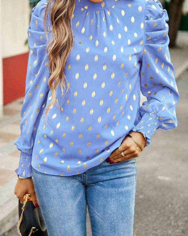 Printed Mock Neck Lantern Sleeve Blouse