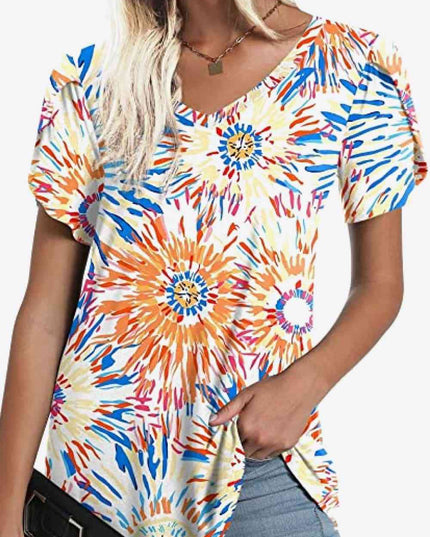 Printed Petal Sleeve V-Neck Blouse