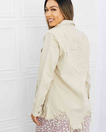 American Bazi Full Size Distressed Button Down Denim Jacket in Sand