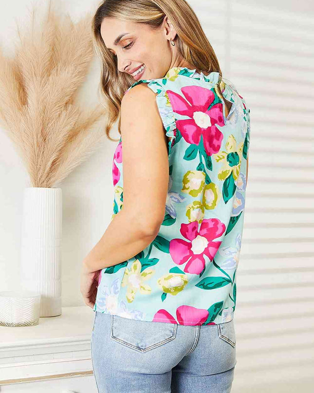 Double Take Floral Print Ruffle Shoulder Blouse