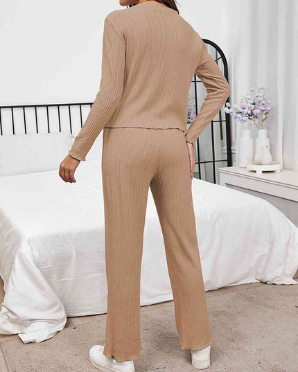 Round Neck Long Sleeve Top and Drawstring Pants Lounge Set