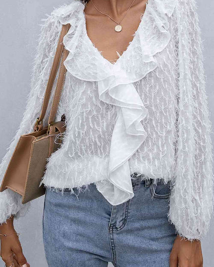 Double Take Ruffle Hem Fringe V-Neck Balloon Sleeve Blouse