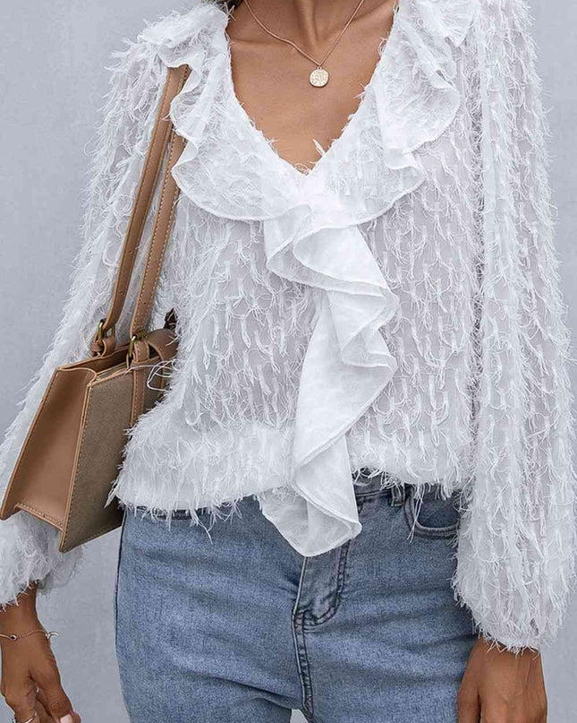 Double Take Ruffle Hem Fringe V-Neck Balloon Sleeve Blouse