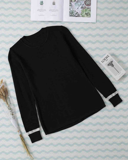 Round Neck Contrast Long Sleeve Knit Top