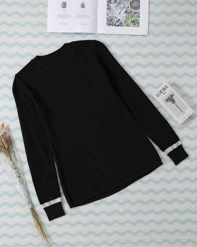 Round Neck Contrast Long Sleeve Knit Top