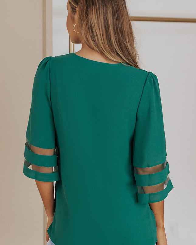 Sheer Striped Flare Sleeve V-Neck Blouse