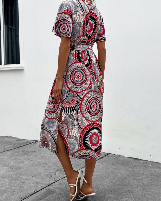 Slit Tied Printed Surplice Dress