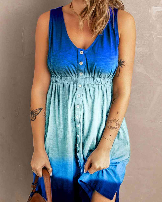 Double Take Scoop Neck Buttoned Sleeveless Magic Dress with Pockets