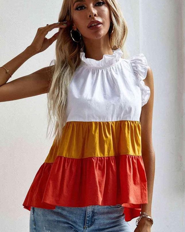 Ruffle Trim Mock Neck Sleeveless Color Block Tank Top