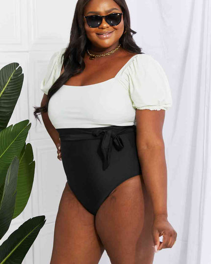 Marina West Swim Salty Air Puff Sleeve One-Piece in Cream/Black
