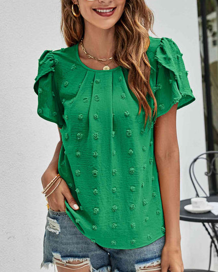 Swiss Dot Round Neck Petal Sleeve Top
