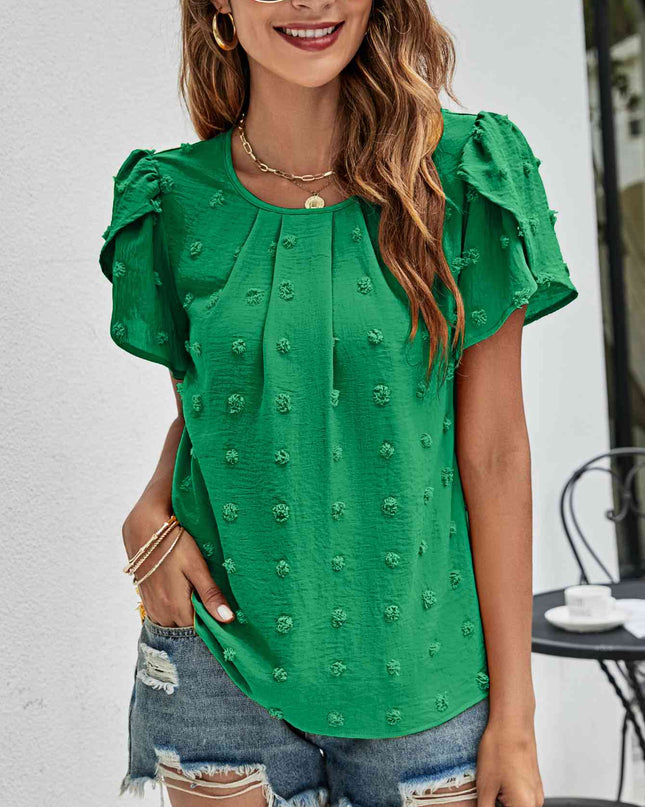 Swiss Dot Round Neck Petal Sleeve Top