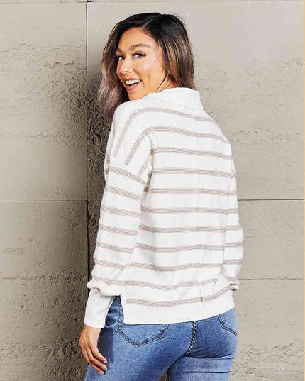 Double Take Cowl Neck Drawstring Dropped Shoulder Striped Print Blouse