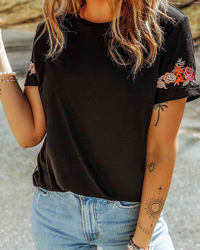 Embroidered Round Neck Tee Shirt