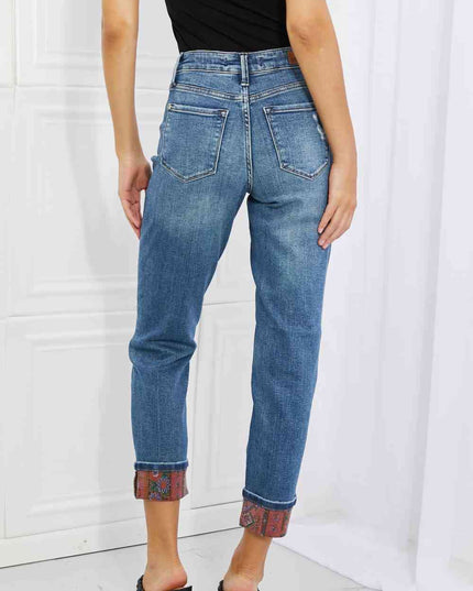 Judy Blue Gina Full Size Mid Rise Paisley Patch Cuff Boyfriend Jeans