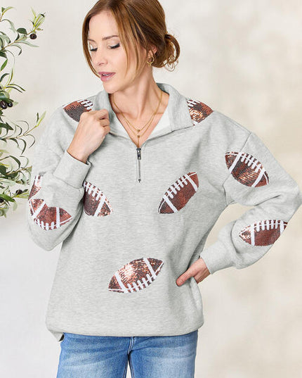 Double Take Full Size Sequin Football Half Zip Long Sleeve Sweatshirt