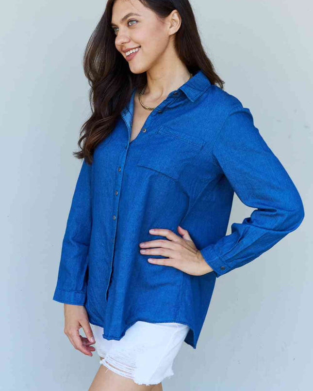 Doublju Blue Jean Baby Denim Button Down Shirt Top in Dark Blue