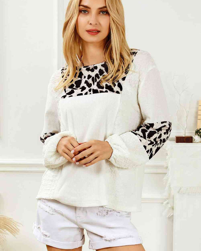 Printed Round Neck Long Sleeve Blouse
