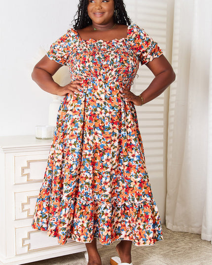 Double Take Plus Size Floral Smocked Square Neck Dress