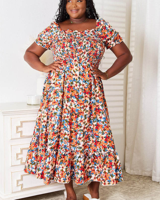 Double Take Plus Size Floral Smocked Square Neck Dress