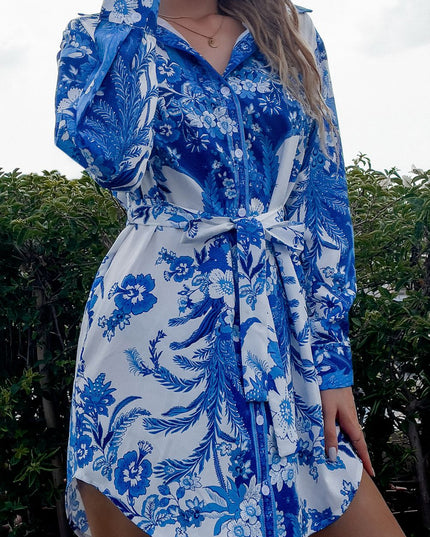 Tie Waist Button-Down Collared Neck Printed Dress