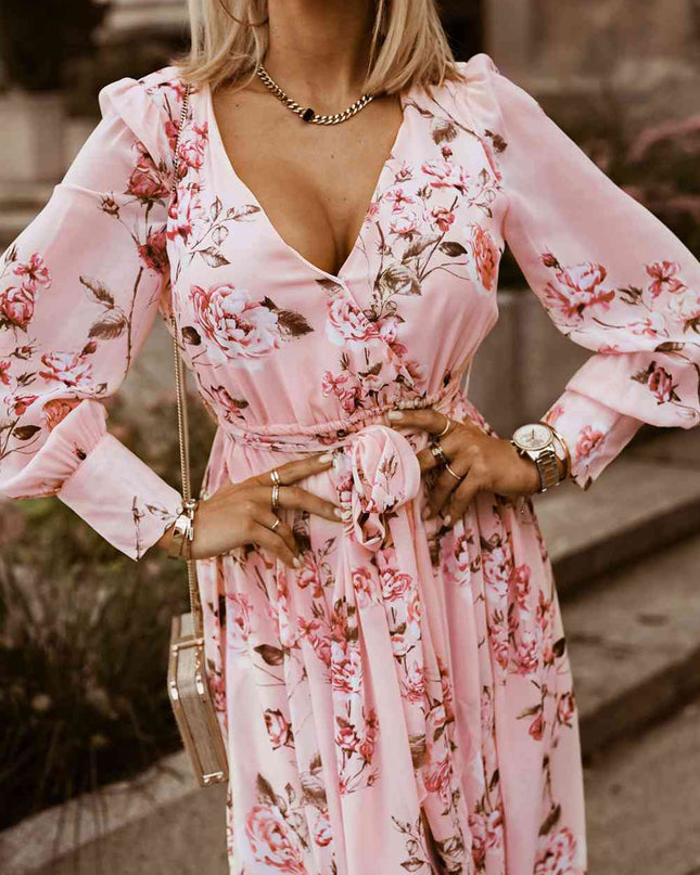 Floral Tie Belt Bishop Sleeve Slit Maxi Dress