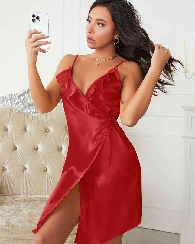 Satin Ruffled Spaghetti Strap Wrap Night Dress