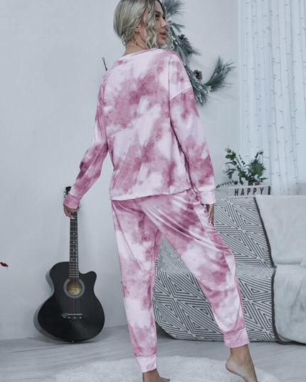 Tie-dye Round Neck Top and Drawstring Pants Lounge Set