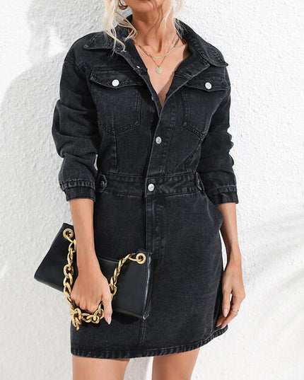 Buttoned Collared Neck Denim Mini Dress