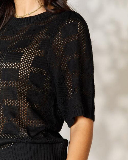 Double Take Ribbed Trim Round Neck Knit Top