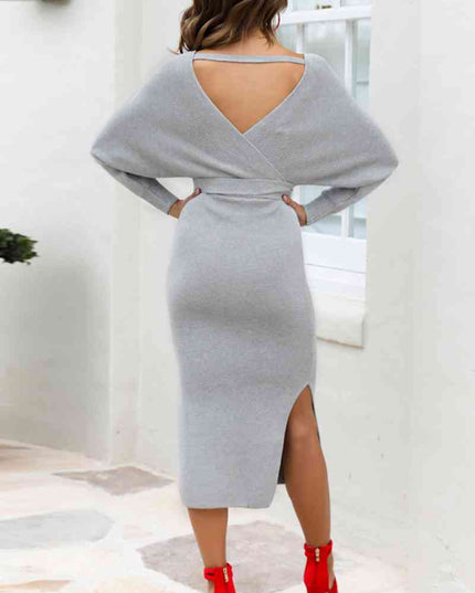 Surplice Neck Bow Waist Slit Sweater Dress