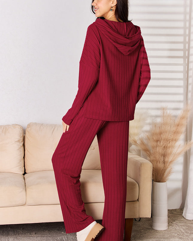 Basic Bae Full Size Ribbed Drawstring Hood Top and Straight Pants Set