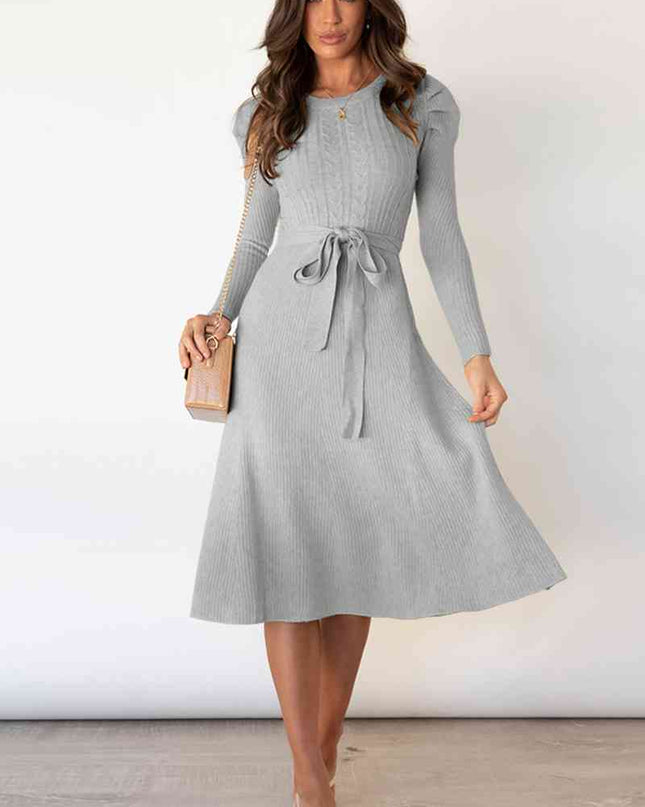 Round Neck Long Sleeve Tie Waist Sweater Dress