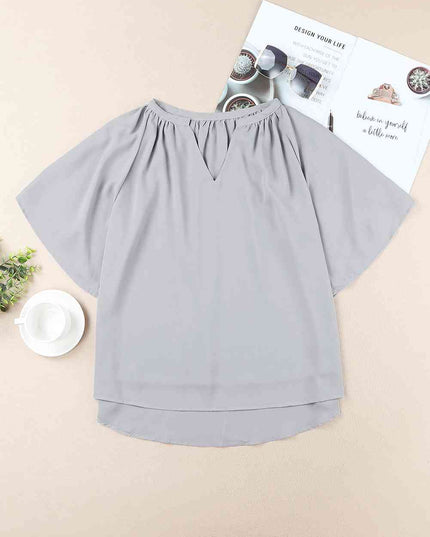 Gathered Detail Notched Neck Flutter Sleeve Top