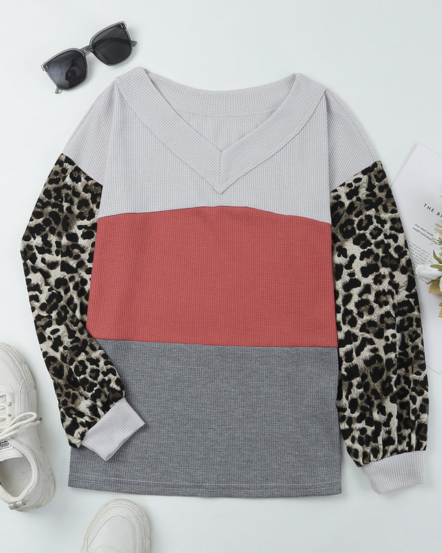 Leopard Color Block V-Neck Top